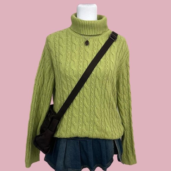 vintage 90s green plus size girly downtown it girl cable knit turtleneck - Picture 1 of 8